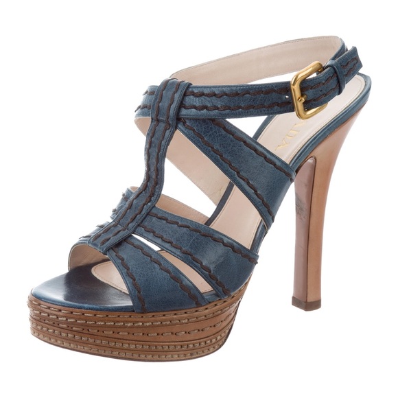 PRADA - Blue & Tan leather Platform Sandals - EU 39.5 - Made in Italy - Picture 2 of 11